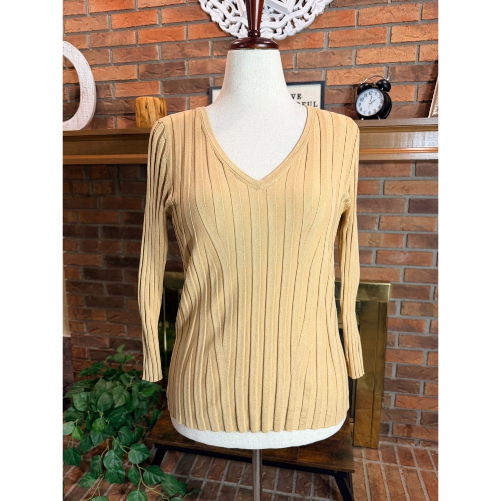 Y2K Sweaterworks V-Neck Top Women Tan Ribbed Silk Blend Long Sleeve Medium